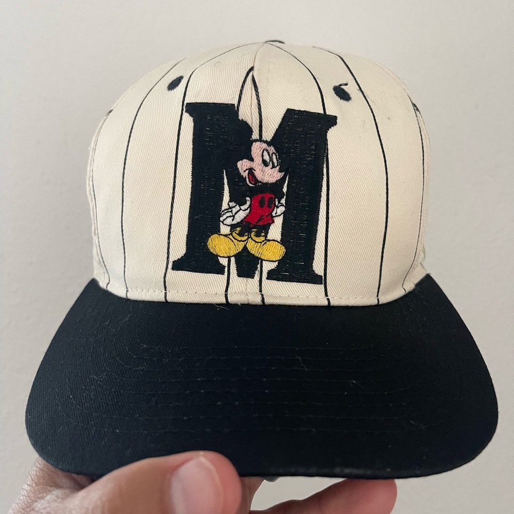 Vintage 90s Mickey Mouse Pinstripe Snapback Hat Black White Disney